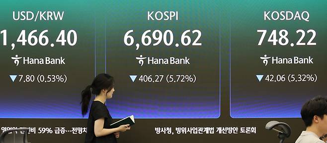 ▲24일 서울 하나은행 본점에서 직원들이 증시와 환율을 모니터하고 있다.