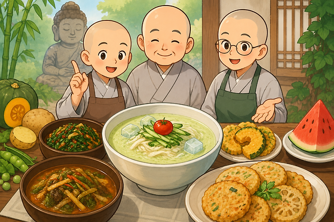 삼복더위가 한창인 가운데 삼계탕 대신 제철 채소와 곡물을 활용한 ‘사찰식 보양식’이 주목받고 있다. 생성형 AI로 만든 이미지