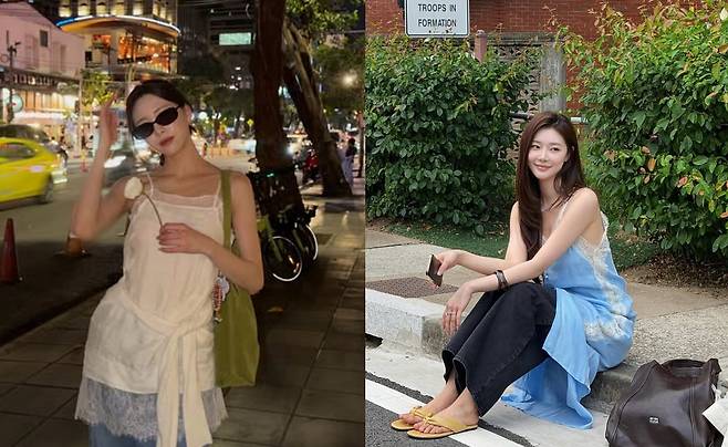 있지 유나(왼쪽)와 솔로지옥4에 출연으로 화제를 모은 모델 겸 인플루언서 이시안은 슬립 원피스에 바지를 매치했다. 일상에서 란제리 코어는 란제리 디테일을 일부 차용하거나 다른 옷과 겹쳐 입는 방식으로 활용된다. 사진 있지 유나·이시안 인스타그램 캡쳐