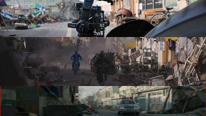 영화 '호프' 메이킹 예고편에서 VFX 후반작업을 덧입힐 특수 촬영 현장을 담은 장면들. 오토바이에 높이 모형 얼굴을 매달고 달리는 부분에 외계인이 합성될 예정이다. 사진 플러스엠 엔터테인먼트