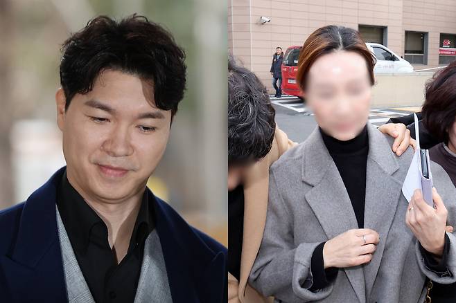 방송인 박수홍(왼쪽)에 대한 허위사실 유포 등에 따른 명예훼손 혐의로 기소된 형수 이모씨가 2024년 12월11일 서울 마포구 서부지방법원에서 벌금 1200만원형을 선고받은 뒤 법원 밖으로 이동하고 있다. 연합뉴스·뉴스1