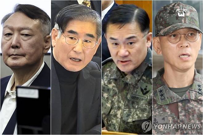 윤석열·김용현·여인형·김용대 윤석열 전 대통령(왼쪽부터), 김용현 전 국방부 장관, 여인형 전 국군방첩사령관, 김용대 전 드론작전사령관 [사진공동취재단·헌법재판소·연합뉴스 자료사진. 재판매 및 DB 금지]