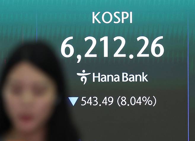 코스피가 급락하며 서킷브레이커가 발동된 7월 28일 오전 서울 중구 하나은행 딜링룸 전광판에 코스피가 표시되고 있다. 뉴스1
