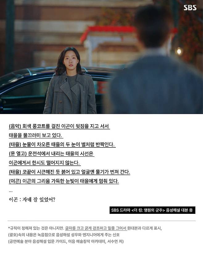 음성해설 예시 , 영상 : SBS 유튜브 캡처, 대본 출처 : <보이지 않지만 볼 수 있는>(어떤책,서수연)