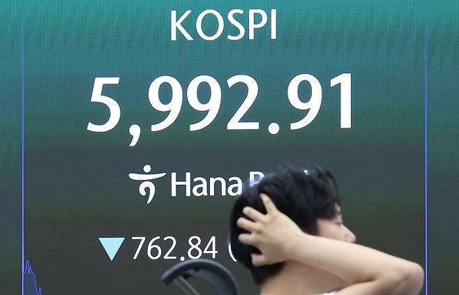 코스피가 장중 6000선이 붕괴된 7월 28일 서울 중구 하나은행 본점 딜링룸 전광판에 코스피가 표시돼 있다. 코스피는 29일에도 장중 5% 넘게 떨어지며 매도 사이드카가 발동됐다. 뉴스1
