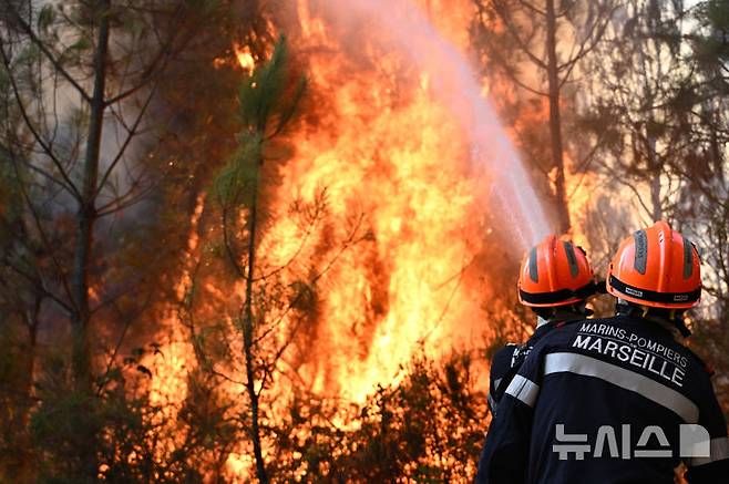 [블라공=AP/뉴시스] 29일(현지 시간) 프랑스 남서부 블라공 인근 숲에서 소방관들이 산불 진화 작업을 하고 있다. 2026.07.30.