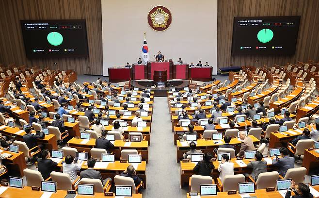 31일 국회에서 열린 7월 임시국회 제3차 본회의에서 전날 상정된 '보완수사권 폐지'를 골자로 하는 형사소송법 개정안이 여당 주도로 통과되고 있다. /연합뉴스