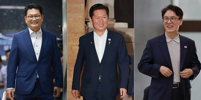 더불어민주당 송영길·정청래 당 대표 후보가 31일 국회에서 열린 비공개 의원총회에, 민주당 김민석 후보는 같은 날 국회에서 열린 본회의에 각각 참석하고 있다. 연합뉴스