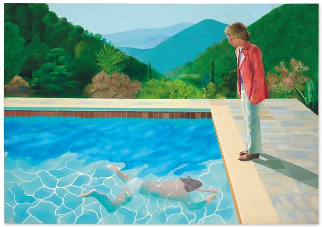 예술가의 초상(두 사람이 있는 수영장)(1972). 가로 3m가 넘는 아크릴 대작. 배경은 영화감독 토니 리처드슨의 남프랑스 별장 수영장이다. 2018년 뉴욕 경매에서 이 그림을 사 간 사람은 대만의 전자부품 재벌 피에르 첸이었다. /개인 소장