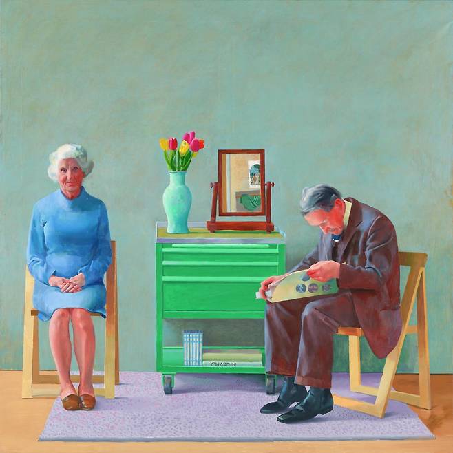 내 부모님(1977). 마흔 살의 호크니가 그린 부모. 어머니 로라는 아들을 정면으로 바라보고, 아버지 켄은 미술책에 코를 박고 있다. 아버지는 아들에게 평생의 좌우명을 남겼다. "이웃이 뭐라 하든 신경 쓰지 마라." /런던 테이트미술관