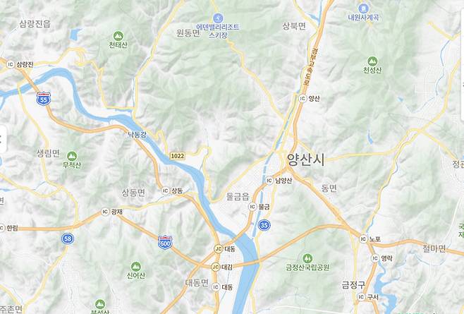 [경남=뉴시스] 김가영 인턴기자 = 경남 양산 짛여도. 산맥에 둘러싸인 분지 지형을 띄고 있다. (사진=네이버 지도 캡쳐) *재판매 및 DB 금지