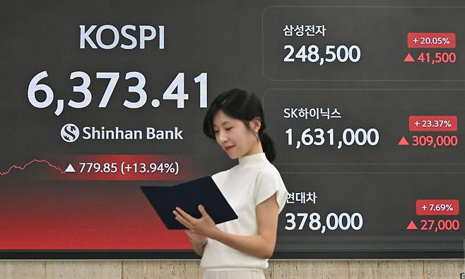 서울 중구 신한은행 로비 전광판에 코스피 지수와 삼성전자, SK하이닉스 개별종목 거래가격이 표시되어 있다. 임세준 기자