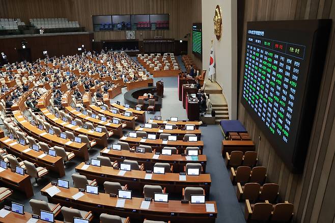 31일 국회에서 열린 7월 임시국회 제3차 본회의에서 전날 상정된 검사의 보완수사권 폐지를 골자로 한 형사소송법 일부개정법률안이 통과되고 있다. 연합뉴스