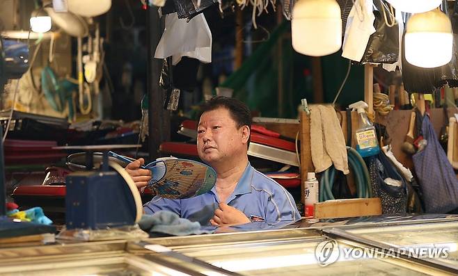 폭염 이어지는 경남 양산 경남 양산지역 낮 최고기온이 42.5도를 기록한 지난 2일 오후 양산시 양산남부시장에서 한 상인이 부채질하고 있다.