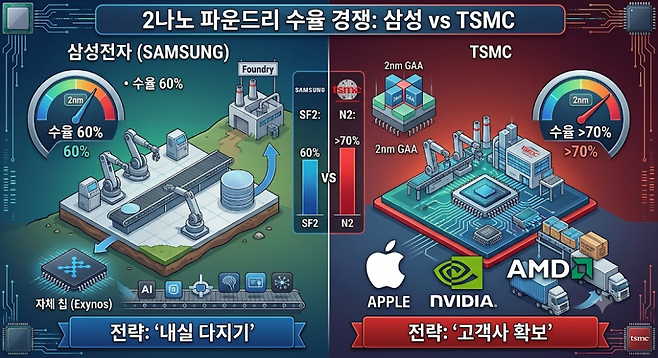 삼성전자는 자체 칩인 엑시노스와 일부 AI 개발사의 물량을 소화하며 공정 성숙도를 높이는 '내실 다지기' 전략을 택했다. (사진=생성형 AI)