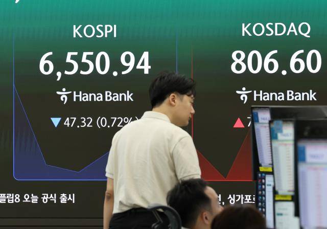 코스피가 하락 출발한 6일 서울 중구 하나은행 딜링룸에 코스피, 코스닥 지수가 표시돼있다. [사진=연합뉴스]