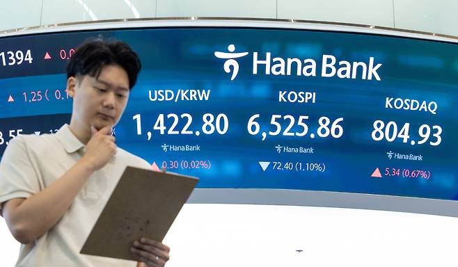 6일 오전 서울 중구 하나은행 본점 딜링룸 전광판에 코스피, 코스닥 지수, 달러·원 환율 개장 후 시황이 나오고 있다. /뉴스1