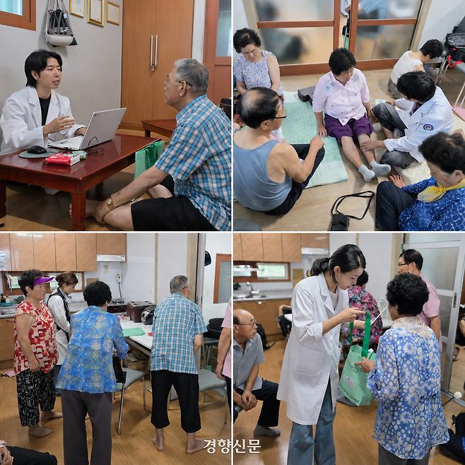 지난 7월 24일 경남 통영시 사량면 내지마을을 찾은 병원선 경남511호 의료진이 마을회관에서 주민들을 진료하고 있다. 통영 | 김찬호 기자