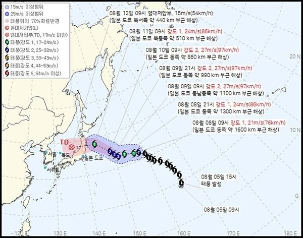 기상청이 8일 오전 10시 30분에 발표한 제15호 태풍 찬홈 현재 위치와 예상 이동경로. 기상청이 발표한 태풍 통보문에 따르면 제15호 태풍 찬홈은 이날 오전 9시 현재 일본 도쿄 동쪽 약 1600km 부근 해상을 지나고 있다. 제15호 태풍 찬홈의 세력은 현재 '강도 1'을 유지하고 있다.오는 9일 오전 9시에는 '강도 2'로 세력을 키울 것으로 전망된다.&nbsp; 기상청 제공