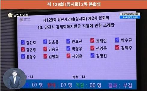 '전 시민 1인당 30만원 지원' 당진시장 공약, 시의회서 제동 [당진시의회 인터넷 생중계 화면 갈무리]