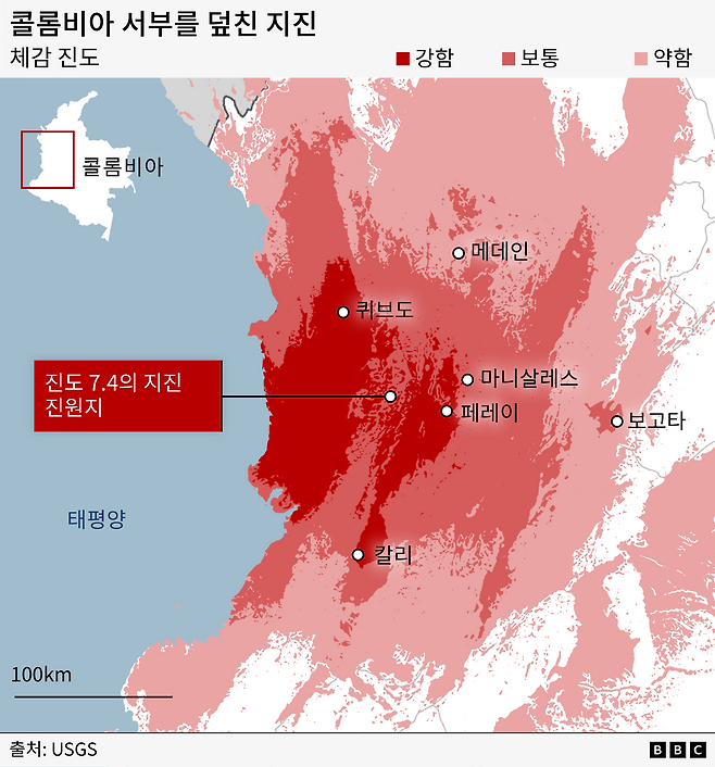 진도 7.4의 지진이 발생한 진원지와 주변 주요 도시 및 체감 진동 정도를 표시한 지도