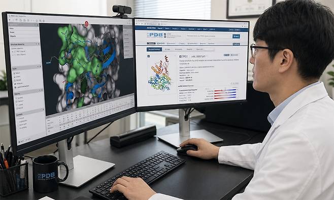 연구팀이 차세대 비만치료제 후보물질의 데이터를 확인하고 있다.&nbsp;경과원 제공
