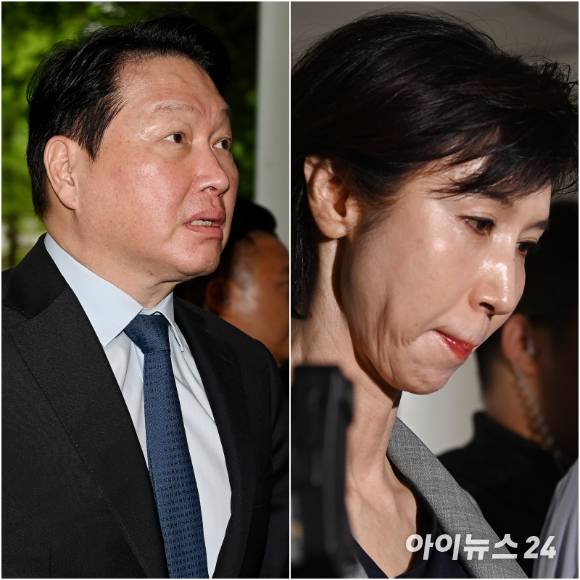 최태원 SK그룹 회장(왼쪽)과 노소영 아트센터 나비 관장이 지난 6월 서울 서초구 서울고등법원에서 열린 재산 분할 파기환송심 2차 변론기일에 출석하고 있다.[사진=곽영래 기자]