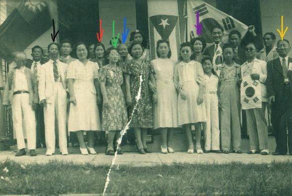 다이아나 라우라 안 레혼의 할아버지 안재명 선생(검정색 화살표), 증조할머니 김원경 여사 (파란색 화살표), 증조할아버지 안순필 선생(노란색 화살표). 사진은 쿠바 아바나에서 찍은 것으로 추정된다. 사진 다이아나 라우라 안 레혼
