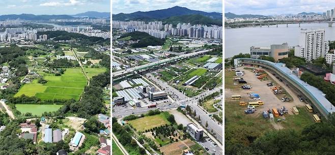 정부가 13일 발표한 부동산대책에서 신규 택지지구로 공개된 경기 남양주 도심지구(왼쪽부터), 경기 광주역세권 2지구, 서울 강서지구 부지.