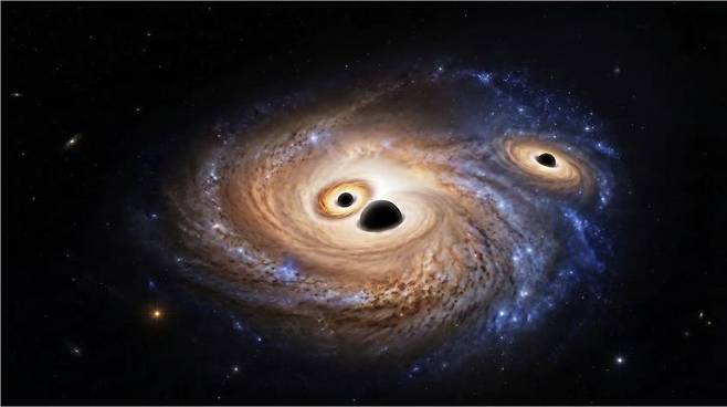 제임스웹 우주망원경(JWST) 관측으로 확인된 초기 우주 은하 J0148-4214의 거대 블랙홀 3개를 표현한 상상도. 연구진은 지구에서 125억광년 이상 떨어진 이 은하에서 활동 중인 블랙홀 3개를 처음 확인했다. (사진=막스플랑크연구소 홈페이지 캡처) *재판매 및 DB 금지