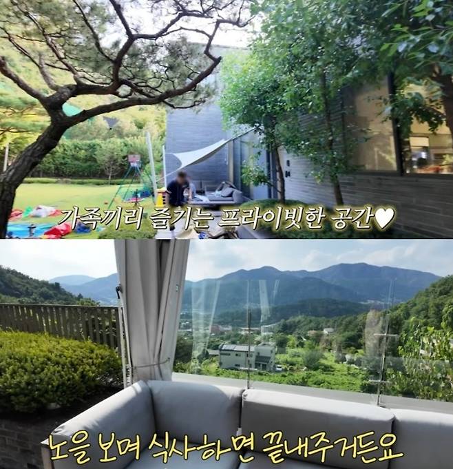 김용건의 별장에 마련된 넓은 정원(위)과 산을 바라보며 쉴 수 있는 테라스. 유튜브 채널 ‘황보라 보라이어티’ 캡처