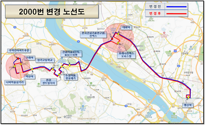 김포시가 오는 9월 시행할 예정인 2000번 버스 변경 노선도. 기존 행신역 방면 노선을 GTX-A 킨텍스역과 대화역 방면으로 조정해 서울 출퇴근 교통수요를 분산할 계획이다. /노선도제공=김포시