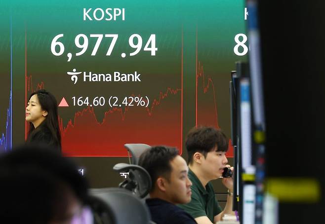 [서울=뉴시스] 전신 기자 = 코스피가 전날 대비 164.60포인트(2.42%) 상승한 6977.94로 마감한 14일 서울 중구 하나은행 딜링룸 전광판에 코스피 등이 표시돼 있다. 2026.08.14. photo1006@newsis.com /사진=뉴시스