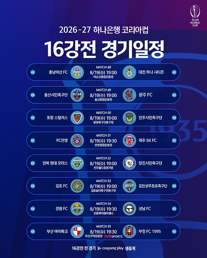 2026~27 코리아컵 16강전 대진표. 사진=대한축구협회