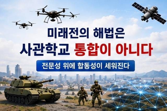 미래전의 해법은 사관학교 통합이 아니라 전문성 위에 합동성이 세워진다는 내용을 설명하는 CG. 조병설 예비역 대령 제공