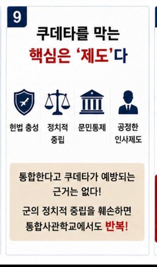 쿠데타를 막는 핵심은  ‘제도’이지 사관학를 통합한다고 쿠데타가 예방된다는 근거가 없다. 군의 정치적 중립을 훼손하면 통합사관학교에서도 쿠데타는 반복될 수 있다. 조병설 예비역 대령 제공