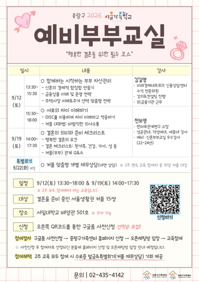 서울 중랑구 서울가족학교 예비부부교실 안내 포스터. 중랑구 제공.