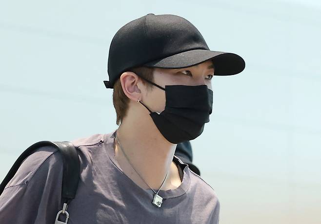 BTS's RM is seen at the Incheon International Airport on July 31 as he departs for New York. NEWS1
