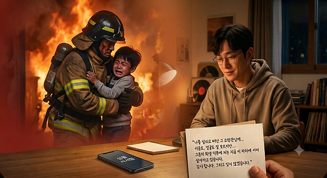 서울에 사는 20대 남성 박모 씨가 어린 시절 소방관의 희생으로 목숨을 건진 내용을 ‘심플사서함’에 남겼다. (챗GPT 생성 이미지)