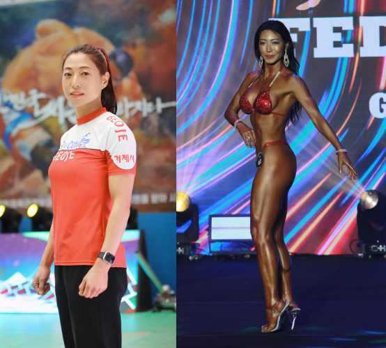 거제시청 씨름 선수(왼쪽)로 활약했던 노은수  씨가 지금은 보디빌더(오른쪽)로 국가대표를 꿈꾸고 있다.  노은수 씨 제공