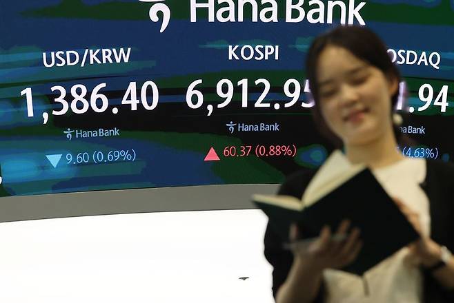 21일 서울 중구 하나은행 딜링룸 전광판에 코스피 종가가 표시돼있다. 연합뉴스 제공