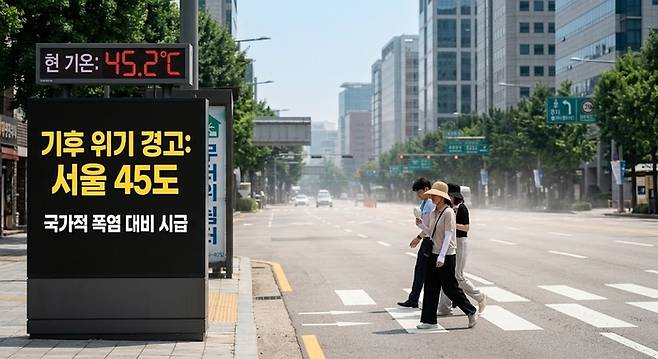 현재처럼 온실가스가 계속 배출되는 상황이 이어진다면 서울 기준 여름철 평균최고기온은 2050년대에 45.2도까지 치솟을 전망이다. [AI생성]