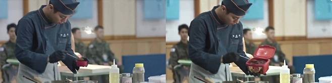 티빙 오리지널 드라마 ‘취사병 전설이 되다’ 11화의 한 장면. 주인공이 고추장을 사용해 요리를 하는 장면을 편집 과정에서 AI 기술을 활용, 특정 제품 PPL로 대체했다. [CJ ENM]