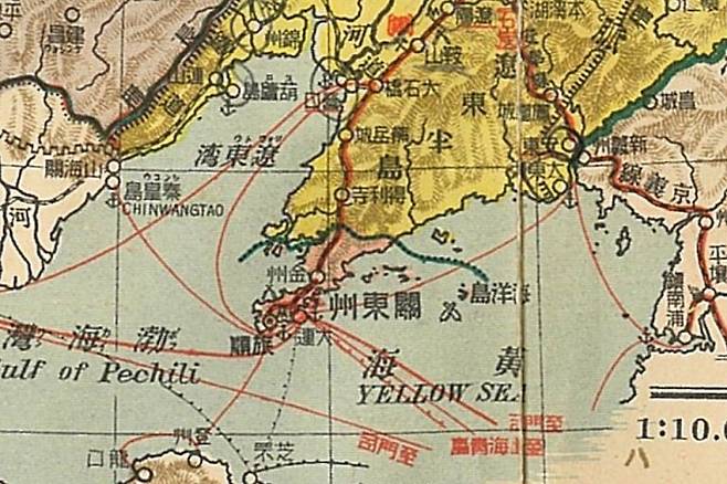 관동주(關東州)가 표시된 옛 지도. 뤼순(旅順)이 그 중심 도시임을 알 수 있다.