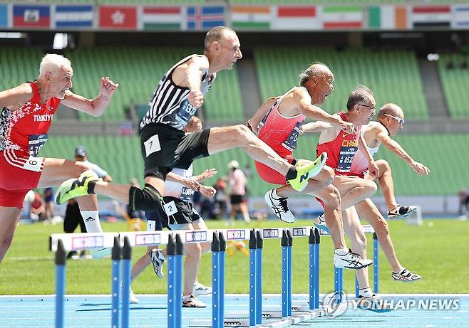 '한계는 없다' (대구=연합뉴스) 윤관식 기자 = 25일 대구스타디움에서 열린 2026 대구세계마스터즈육상경기대회 80m 허들레이스 80·85세 부문에 출전한 선수들이 질주하고 있다. 2026.8.25 psik@yna.co.kr