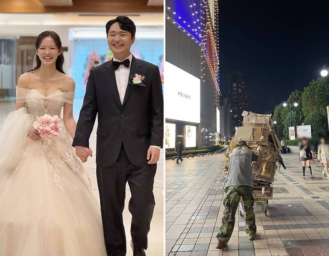 김원태(32) 양수민(29) 부부의 결혼식 장면. 오른쪽 사진은 이 부부가 지난 3년간 서울 잠실역에서 봉사로 만나던 거리의 어르신이다. 부부는 결혼식을 앞두고 어르신들 38명을 교회로 초청해 피로연을 진행했다. 부부 제공
