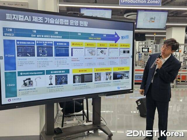 김순태 전북대 소프트웨어공학과 교수(피지컬AI융합기술사업추진단장)는 27일 전북특별자치도 전주시 전북대학교 창조2관에 마련된 피지컬AI 기술 실증랩에서 발표하고 있다. (사진=지디넷코리아)