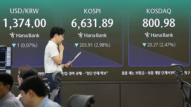 2일 서울 중구 하나은행 본점 딜링룸 전광판에 실시간 코스피와 코스닥 지수 등이 표시돼 있다. 연합뉴스