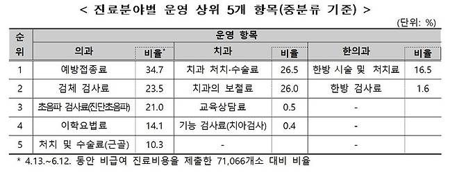 진료분야별 상위 항목.&nbsp;사진 제공=보건복지부