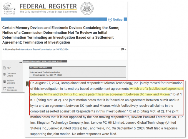 2024년 10월 미국 연방관보(Federal Register)에 따르면 미미르IP가 마이크론 등을 상대로 ITC에 신청했던 특허침해조사 사건(337-TA-1406)과 관련해, ITC는 2024년 8월 미미르IP와 마이크론 등이 합의 계약을 근거로 특허침해조사 종결을 공동 신청했다고 밝혔다. 당시 미미르IP와 마이크론 등이 ITC에 근거로 제출한 합의 계약은 ▲미미르IP와 SK하이닉스 사이 서브 라이선스 계약(a [sublicense] agreement between Mimir and SK hynix Inc.) ▲SK하이닉스와 마이크론 사이 특허 라이선스 계약(a patent license agreement between SK hynix and Micron) 등이다. (자료=미국 연방관보)